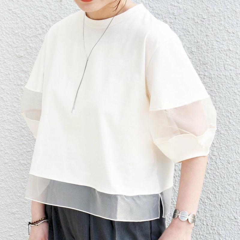T シャツ 女性用 韓国風 日系 春夏 接触冷感 雪紡 切り替え トップス 七分袖 灯?袖 半高領 ワイドシルエット 通勤スタイル 気質 綾子 ポリエステル 混紡 純色 ブラック ホワイト 軽量 吸湿速乾 ビッグシルエット 普段使い