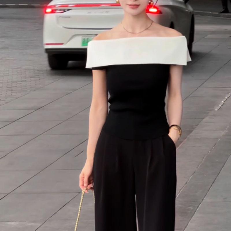 Tシャツ 女性用 黒白 切り替え 夏 接触冷感 短袖 修身 ワンショルダー シンプル トップス ポリエステル セットインスリーブ 普通丈 セットアップ スタンダードフィット 快適 ユニセックス ゆったり 吸湿速乾 軽量 日韓カジュアル