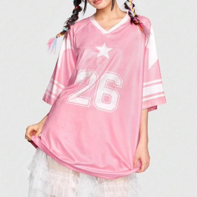 Tシャツ メンズ レディース 日韓ストリート 2025 夏 ピンク 短袖 Vネック ヒップホップ バスケットボール プリント ポリエステル コットン風 シンプル ゆったり トップス ルーズフィット カラーブロック かわいい ユニセックス ロゴ柄 スポーツ