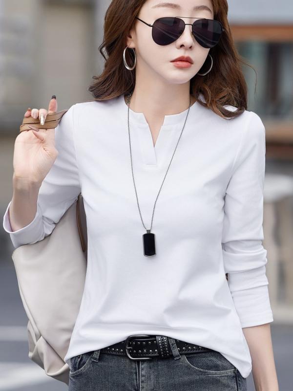 Vネック トップス レディース 長袖 Tシャツ インナー 修身 綿95% 純色 酒?色 白色 深灰色 ブラック 日常使い 快適 伸縮性 日韓スタイル カジュアル 軽量 吸湿速乾 普通丈 ベースレイヤー シンプル 基礎アイテム