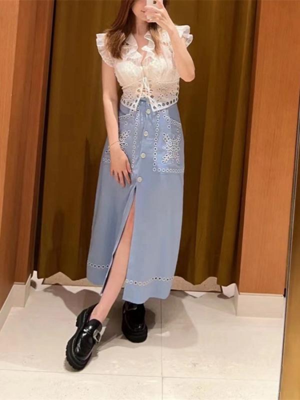 スカート 女性用 夏 フレンチスタイル ミディ丈 麻混紡 切り替え 花柄刺繍 オープンワーク シングルボタン ポケット スリット 軽量 微弾性 気質エレガント 私服 通勤 普段使い ビッグシルエット ブラック ピンク系 アイボリー｜LiLishop6