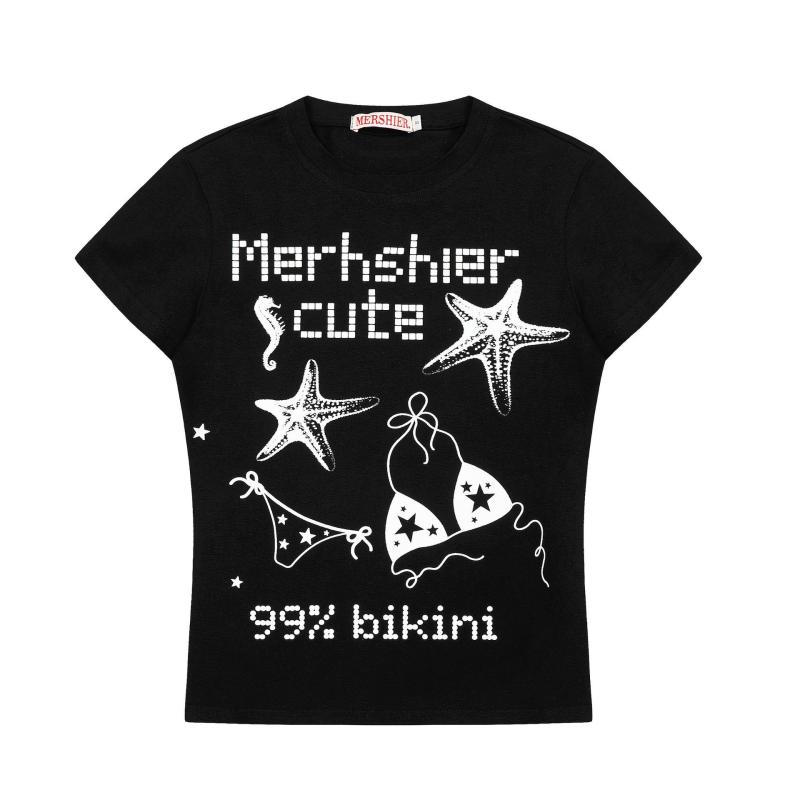 Tシャツ 女性用 夏 短袖 コットン 接触冷感 ラウンドネック ルーズフィット プリント柄 ブラック ホワイト かわいい スタイリッシュ 上品 軽量 吸湿速乾 普段使い カジュアル デイリーウェア