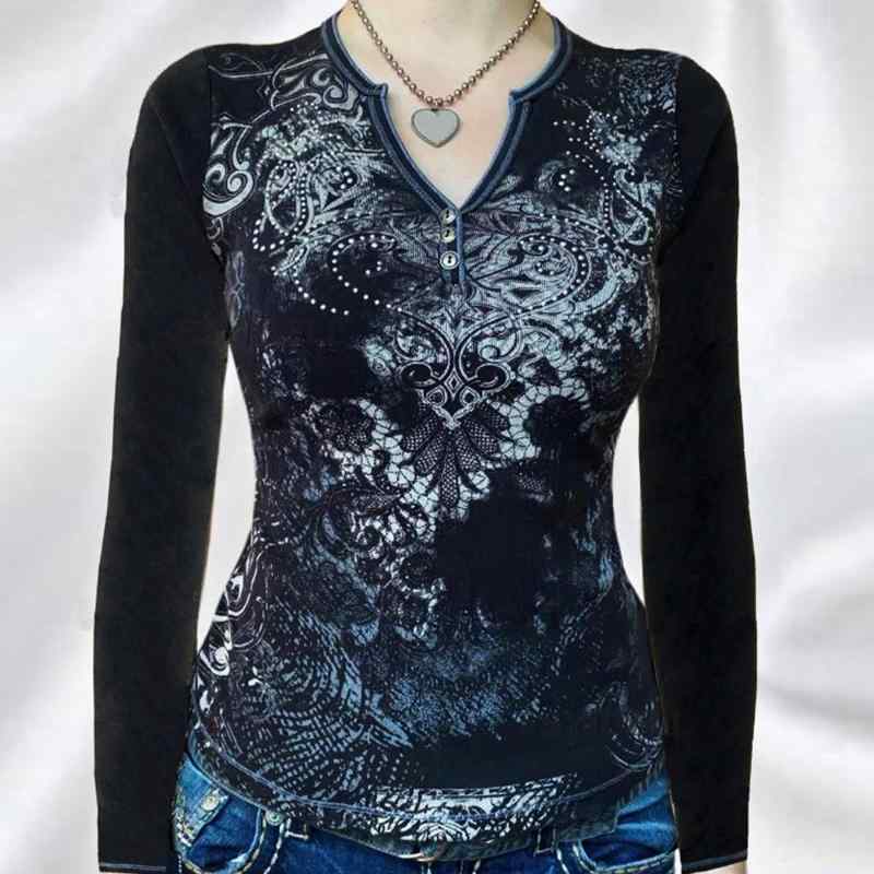 秋冬 レディース Tシャツ トップス Vネック 長袖 ブラック 街頭風 復古 スパイシーガール プリント 修身 ポリエステル 吸湿速乾 普段使い 秋冬ファッション 個性派 ストリートスタイル かわいい 軽量 伸縮性 接触冷感 通勤対応 アウトドア対応 カ