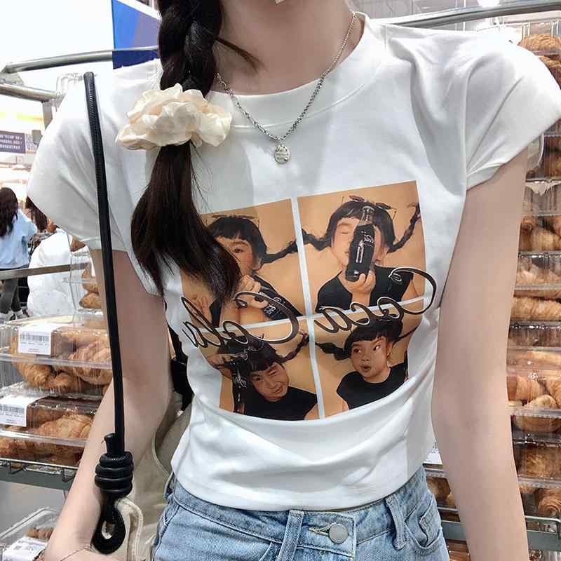 Tシャツ レディース 短袖 女性用 夏 春夏 接触冷感 綿 スパンデックス 人物プリント フリル袖 丸首 スリムフィット 短丈 プリント ギャザー シワ加工 かわいい 日常使い 軽量 伸縮性 吸湿速乾 白 黒 カーキ ビッグシルエット