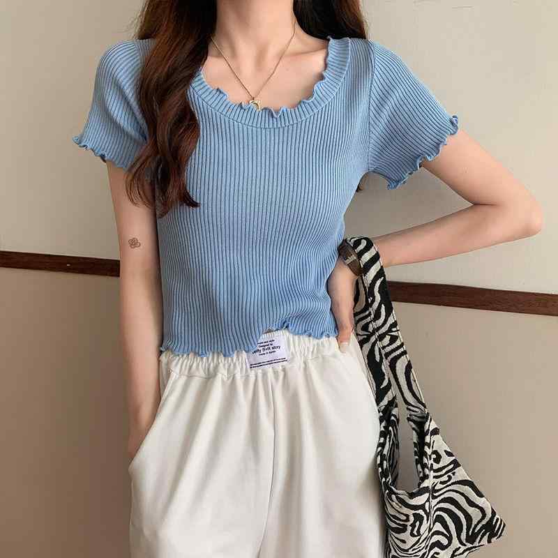 Tシャツ 女性用 短袖 短丈 修身 接触冷感 ニット 木の耳レース ラウンドネック ??プリント マカロンカラー ブラック グリーン パープル ピンク ホワイト ベージュ ブルー かわいい 学院風 個性ストリート 軽量 吸湿速乾 清新スタイル