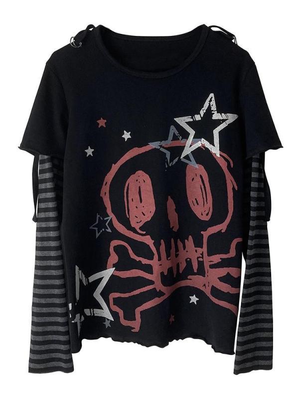 Tシャツ 女性用 長袖 黒 ??頭 プリント 切り替え デザイン ゆったりシルエット ラウンドネック 春季 ストリートファッション かわいい スパイシー スタイル ポリエステル素材 吸湿速乾 軽量 普段使い 通勤 コーディネート