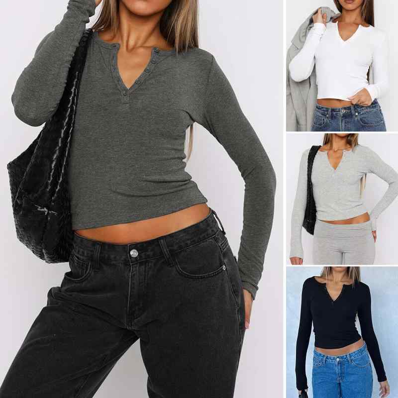 トップス レディース 秋冬 通勤風 Y2K セクシー Vネック ボタン 長袖 インナー Tシャツ 修身シルエット 短丈 純色 ポリエステル 柔軟 接触冷感 ブラック ホワイト ダークグレー ライトグレー 軽量 吸湿速乾 普段使い 気質スタイル 休? 青少