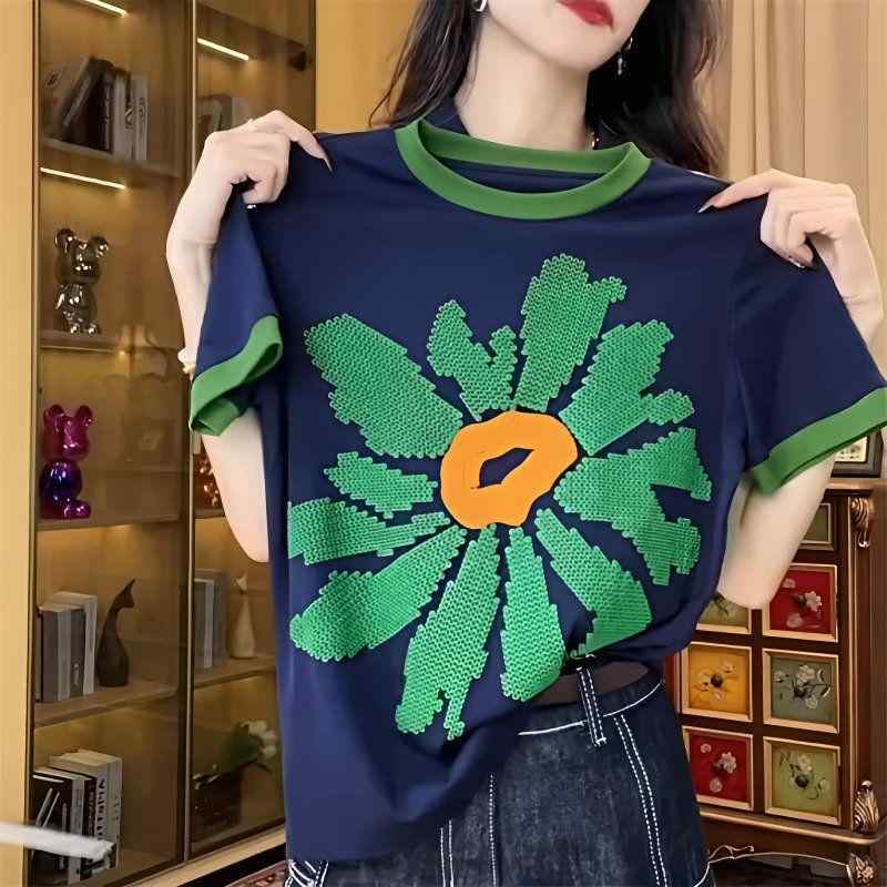 Tシャツ 女性用 ルーズフィット 短袖 コットン素材 立体発泡プリント 丸首 ネイビー ストリートスタイル ゴシック風 春夏 普段使い 軽量 吸湿速乾 ビッグシルエット ファッション トップス かわいい トレンド