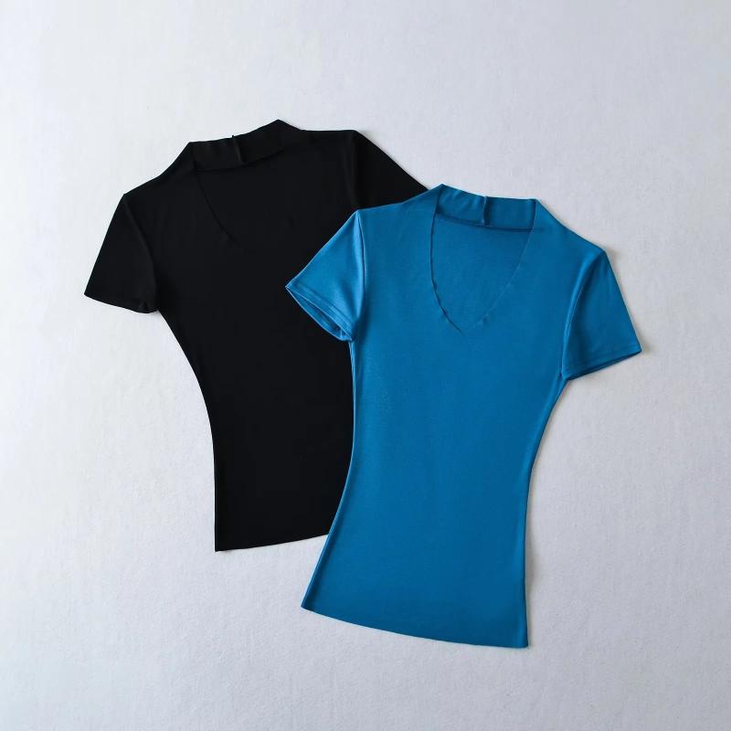 Tシャツ 女性用 春夏 Vネック 短袖 修身 収腰 スリム トップス かわいい シンプル 百搭 私服 接触冷感 再生繊維 伸縮性 ピグメンブルー ブラック 軽量 吸湿速乾 通勤 普段使い