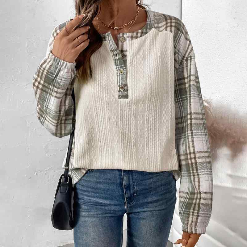 Tシャツ 女性用 長袖 復古 格紋 切り替え 肌理素材 接触冷感 トップス プルオーバー 丸首 普通丈 米杏色 米色 アイボリー 秋季 秋冬 日韓スタイル ゆったりシルエット 軽量 吸湿速乾 通勤 普段使い 部屋着 伸縮性 カジュアル