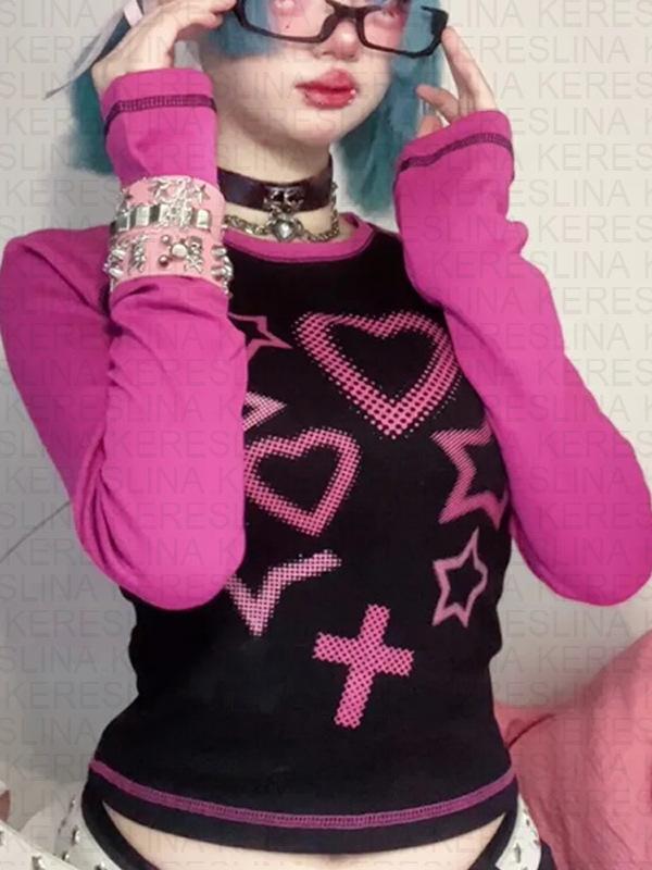Tシャツ メンズ 長袖 立領 ブラック ゴシック Y2K 復古 プリント ハート柄 ワイドシルエット 切り替え ストリートファッション 快適 ポリエステル 冬 欧米風