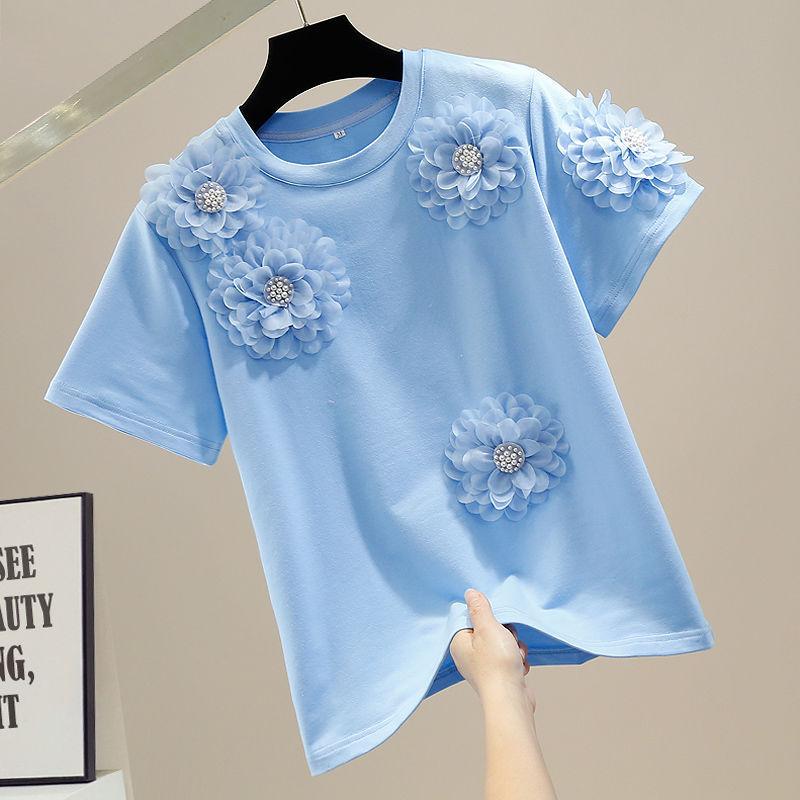 Tシャツ レディース 短袖 丸首 綿素材 立体花飾り かわいい ピンク ブルー ホワイト ゆったりシルエット 日系カジュアル 普段使い 夏 吸湿速乾 軽量 伸縮性 通勤 デート ルームウェア トップス シャツ ブラウス 切り替えデザイン 3Dパターン ビ