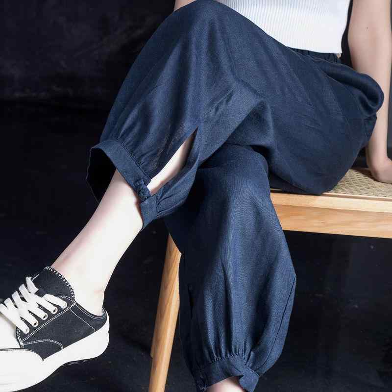女性用 麻 ハーレムパンツ 九分丈 高腰 夏用 接触冷感 綿麻素材 ワイド レッグ 灯芯パンツ ゆったり シルエット 軽量 吸湿速乾 通勤 普段使い 都市スタイル ブラック ダークネイビー グリーン 茶色