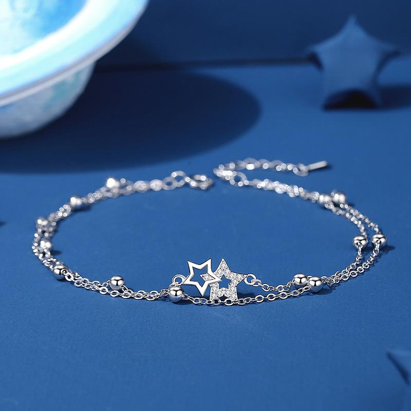 脚飾 女性用 925純銀 星形 ダブルレイヤー 脚チェーン 星モチーフ 宝石インセット 白金色 夏 軽やか キラキラ アクセサリー ロマンチック プレゼント ハート型 クローバー型 シースター型 モビウスリング型 ベル型 杏モチーフ キャンディ型 シルバ