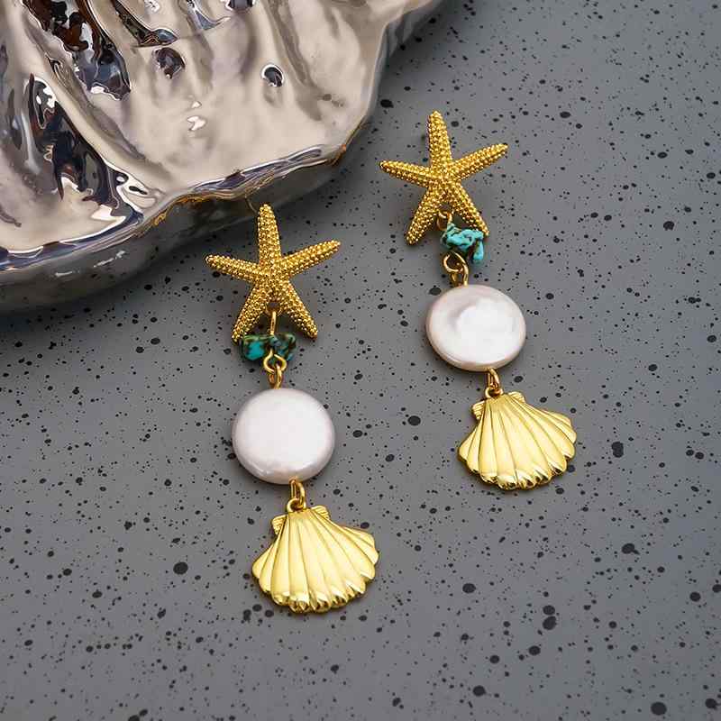 イヤリング 女性用 海星 貝殻 18K金 バロック 淡水パール 流蘇 デザイン ゴールド シルバー ピン アクセサリー 個性派 自然モチーフ 幾何学型 電鍍加工 かわいい 軽量 普段使い