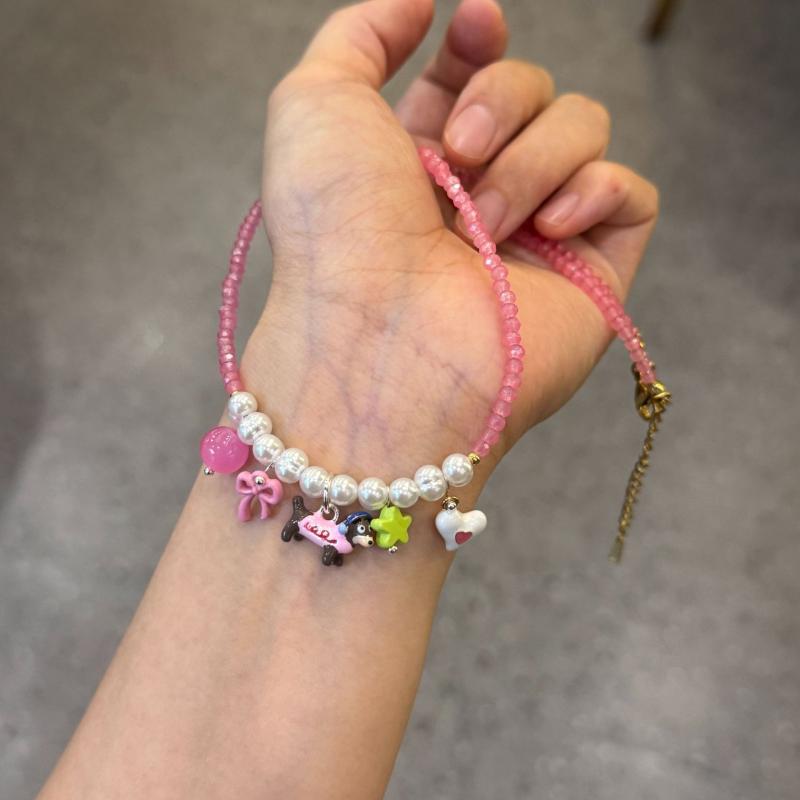ネックレス 女性用 かわいい ・柑通 ビーズ 真珠 鎖骨チェーン ピンク ブルー 接触冷感 人造水晶 動物モチーフ 春夏 ファッション アクセサリー 軽量 伸縮性 シンプル デイリー コーデ アクセント ジュエリー ガールズ スタイル
