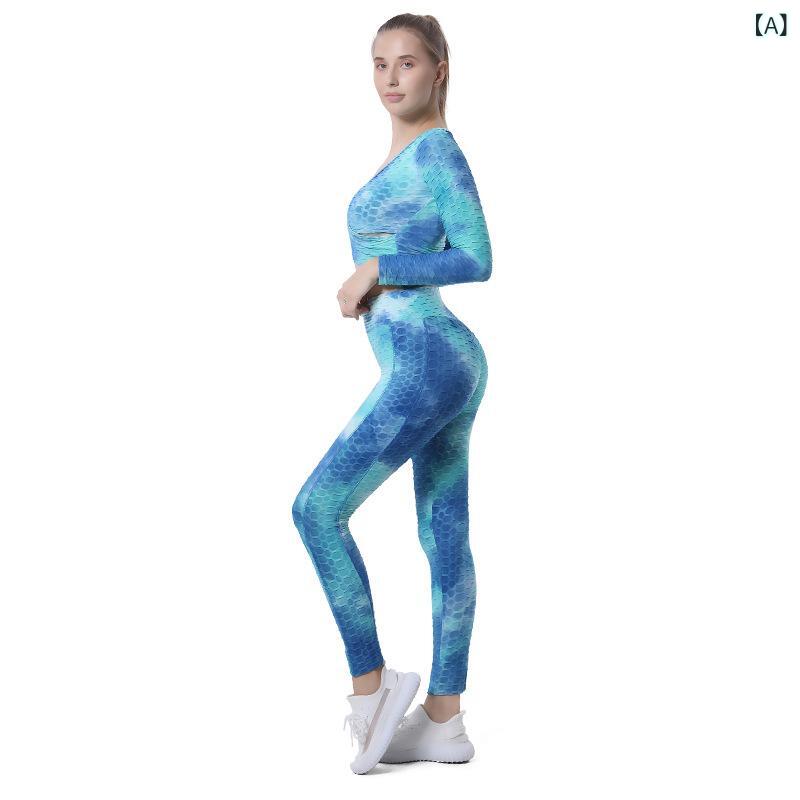 レディース ヨガウェア セット クロスデザイン トップス タイダイ柄 ハニーピーチ ヨガパンツ スリムフィット 速乾 透気性 長袖 伸縮性 ポリエステル混紡 フィットネス ランニング ジムウェア ホームウェア ウォーターブルー ライトブルー ブラックグリ