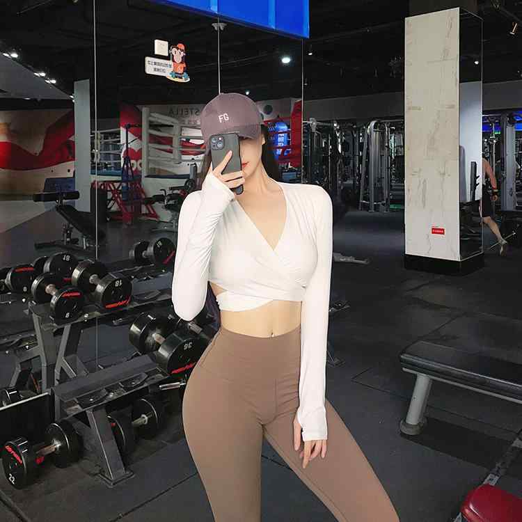 レディース ヨガトップス 長袖 交叉デザイン セクシー 着脱可能胸パッド フィットネス ランニング ダンス 運動 速乾 接触冷感 ナイロン混紡 ストレッチ タイトフィット 秋冬 ネイビー グレー ブラウン アイボリー ブラック