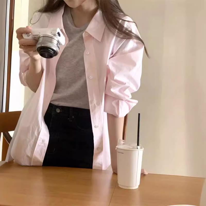 長袖シャツ レディース 学生服 春夏 防晒 薄手 高級感 開襟 ポロカラー ワイドシルエット ピンク ポリエステル 免?加工 清新 甘め 学院風 普段使い 軽量 吸湿速乾 シンプル コーディネート 通学 アウトドア