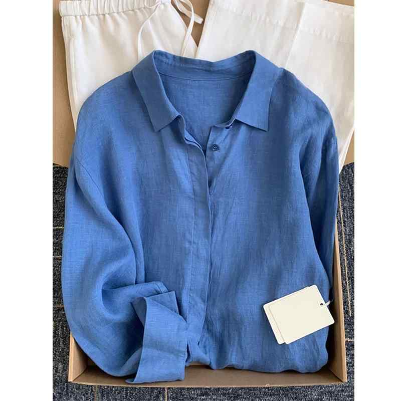 法式風 開襟 シャツ 女性用 春夏 長袖 薄手 ワイドシルエット コットンリネン トップス 直筒型 普通丈 翻領 単排ボタン 純色 快適 レトロ ゆったり 防晒 軽量 白色 深藍 浅藍