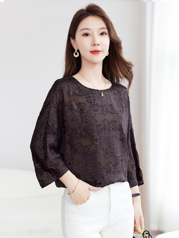 シャツ 女性用 シルク 桑蚕? 刺繍 透け感 薄手 ワイドシルエット 長袖 丸首 セットインスリーブ ルーズフィット ミディアム丈 ブラウン系 純色 通勤スタイル 気品 軽量 吸湿性 夏 トップス ブラウス チュニック|LiLishop6