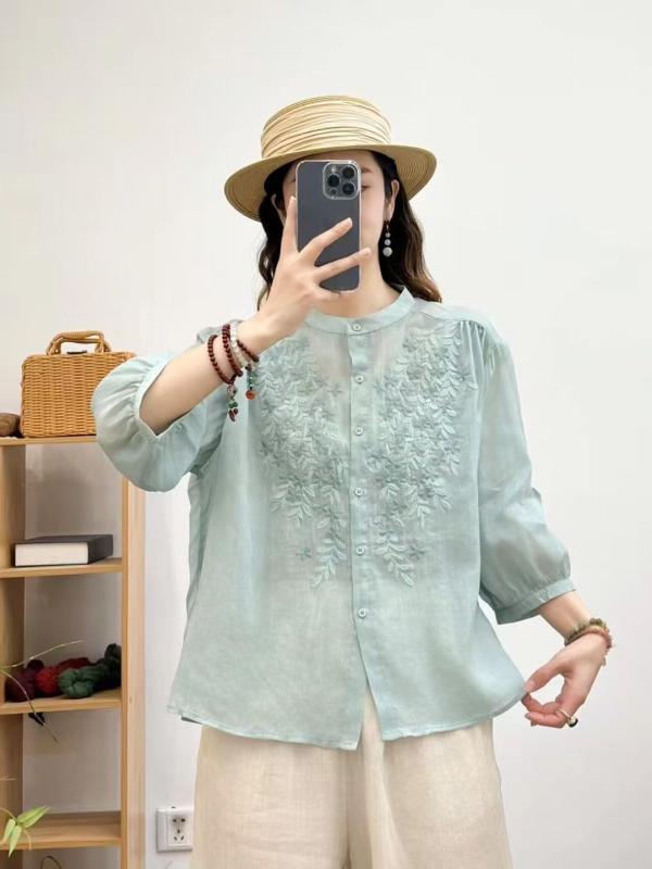 シャツ 女性用 ?麻 刺繍 植物花卉柄 中袖 半袖 ルーズフィット ラウンドネック 薄手 通勤用 気質 都市スタイル ピンク 杏色 水色 イエロー 切り替え 基本款 普通丈 シングルボタン 夏 春夏 接触冷感 吸湿速乾 軽量 伸縮性 再生繊維 95% 綿