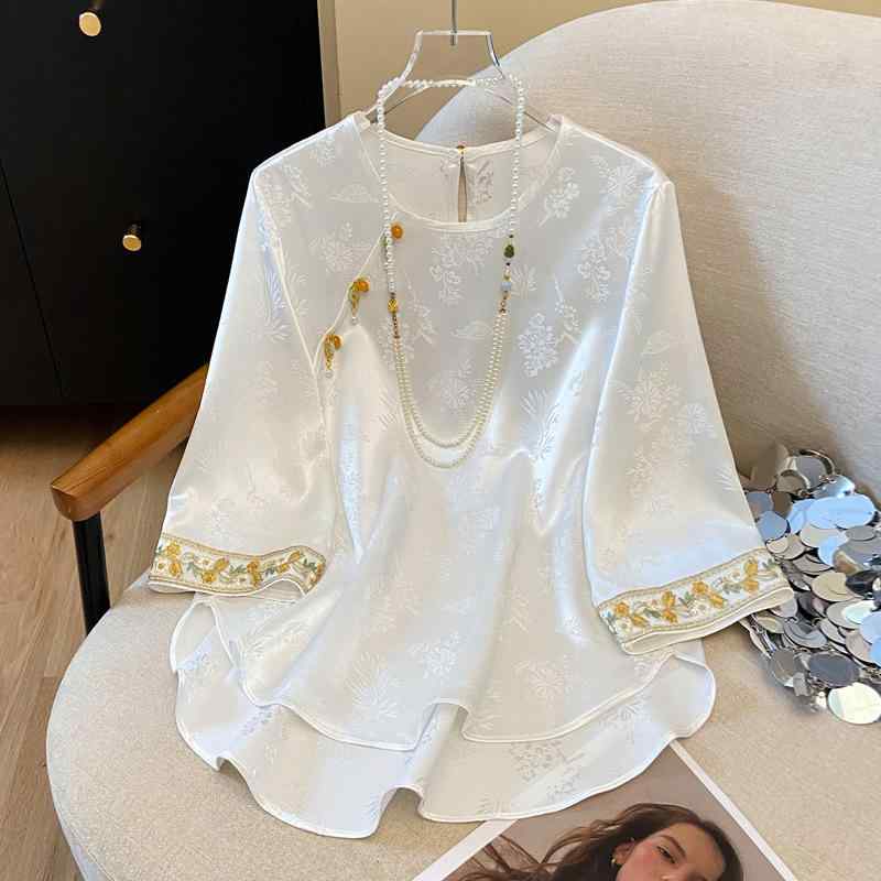 シャツ 女性用 夏 通勤 セットイン 刺繍 七分袖 丸首 ワイドシルエット 普通丈 軽量 接触冷感 再生繊維 綿混 白 気質 優雅 刺繍柄 ゆったり 吸湿速乾 ワイドフィット クールタッチ ホワイト ビジネスカジュアル ソフトタッチ