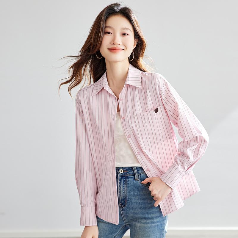 春夏 防紫外線 綿混 長袖 開衫 シャツ トップス 女性用 ワイドシルエット 短丈 POLOカラー ボタン デザイン 条紋 切り替え 星河ブルー 淡ピンク 吸湿速乾 通勤 普段使い 気質 スタイル