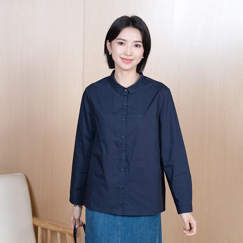 春夏 レディース シャツ トップス 綿 素材 接触冷感 薄手 防風 防晒 短袖 半高領 立体 装飾 気質 通勤 スタイル 普段使い 軽量 伸縮性 吸湿 速乾 ブラック ネイビー ベーシック デザイン 開襟 ボタン 付け 普通 丈 スリム フィット カジュ