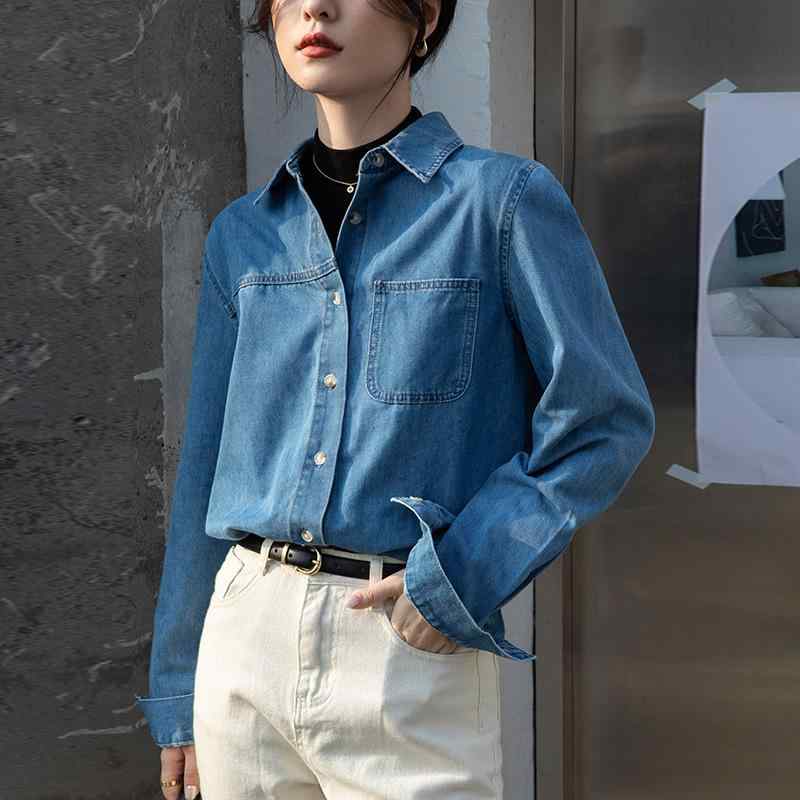 シャツ 女性用 インナー 春夏 デニム 綿 ポリエステル 長袖 開襟 ポロカラー ワイドシルエット 切り替え ポケット ルーズフィット ブルー 復古 洗い加工 フレンチスタイル レイヤード ライトウェイト 通勤 普段使い