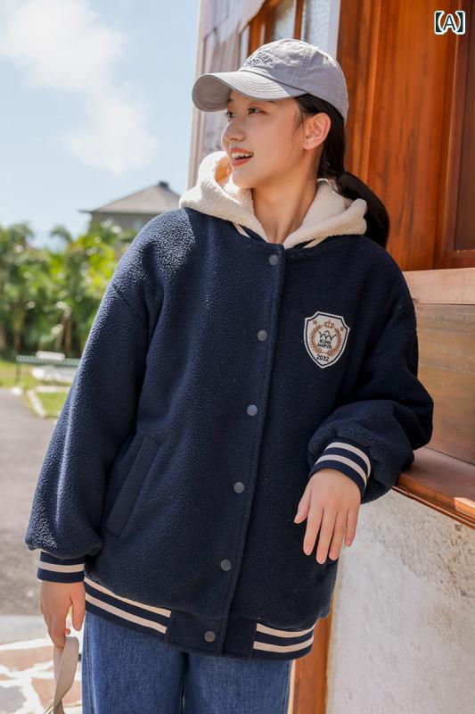 コート 女の子用 秋冬 学生服 初高中生向け 加厚 綿混 コットン ポリエステル ワイドシルエット ゆったり 長袖 フード付き 刺繍 かわいい 学院風 清新 甘め コーデュロイ ライトグレー ベージュ ネイビー デニムブルー ブラウン 秋冬コーデ 暖かみ