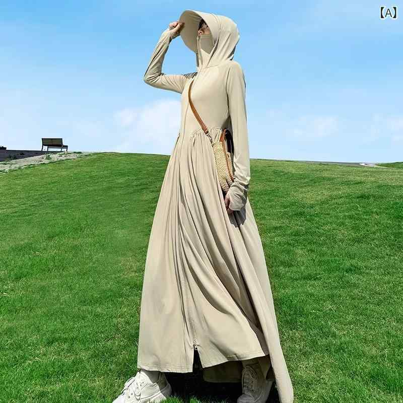 ワンピース レディース 防紫外線 夏用 長袖 修身シルエット ロング丈 収腰 薄手 接触冷感 ポリエステル ストレッチ カラーブロック ポケット ジッパー 御姐スタイル 私服 通勤 普段使い 軽量 吸湿速乾 ベージュ系 パープル系 グレー ブラック ホワ