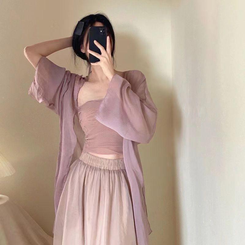 レディース 防晒開衫 薄手 防晒服 中国風 ガード トップス 夏 ショール 風 外套 雪? ポリエステル 再生繊維 ゆったり シルエット 短丈 Vネック フレアスリーブ 長袖 ライトパープル ピンク カラー 光沢 単色 プリント 気質 通勤 スタイル 都