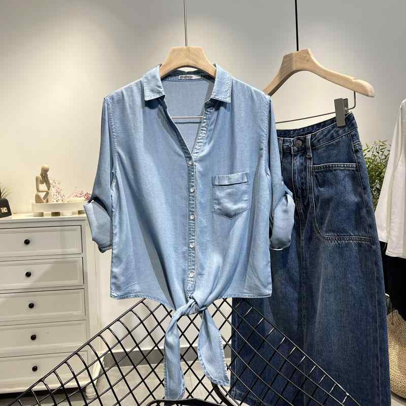 シャツ レディース 春夏 薄手 デニム トップス 女性用 ファッション レイヤード 七分袖 結び 下? 垂れ感 直筒 ターン ダウン カラー ライトブルー アーミーグリーン ピンク ホワイト 軽量 ストレッチ レイセール 繊維 純色 単色 日常使い 私服