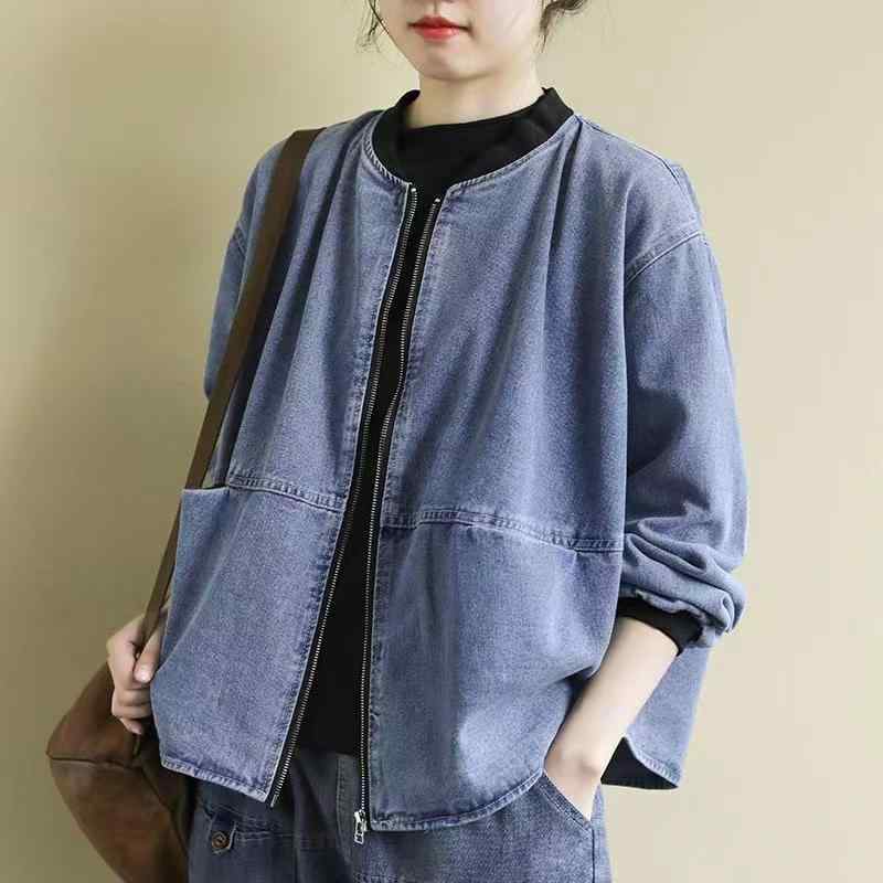 コート 女性用 デニム ロングスリーブ トップス 秋冬 ゆったりシルエット 韓国風 日常使い コットン素材 ブルー ポロカラー 短丈 軽量 伸縮性 吸湿速乾 ビッグシルエット ストリートスタイル カジュアル