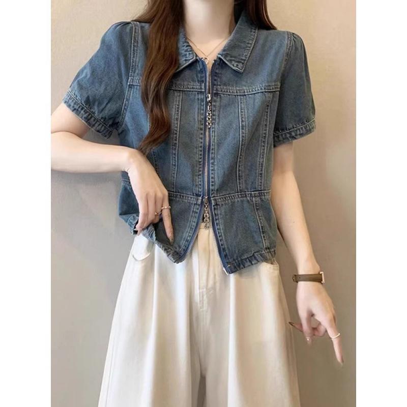 シャツ レディース メンズ デニム トップス 牛仔布 綿素材 短袖 開衫 ジャケット ショート丈 拉? デザイン 牛仔ブルー ピースカラー 切り替え 都市風 通勤用 気質 秋 春夏 吸湿速乾 軽量 伸縮性 ビッグシルエット Vネック ハイウエスト カジュ