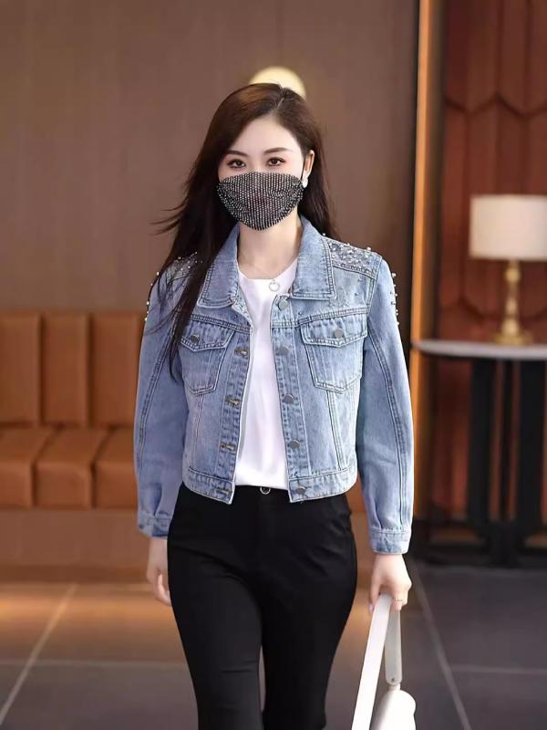 レディース 牛仔ジャケット 切り替え 長袖 短丈 外套 トップス 春秋 春夏 秋冬 コットン混 ポリエステル 軽量 通勤 普段使い かわいい 学院風 甘め 爽やか ブルー ポロカラ ビッグシルエット Vネック風 伸縮性 吸湿速乾