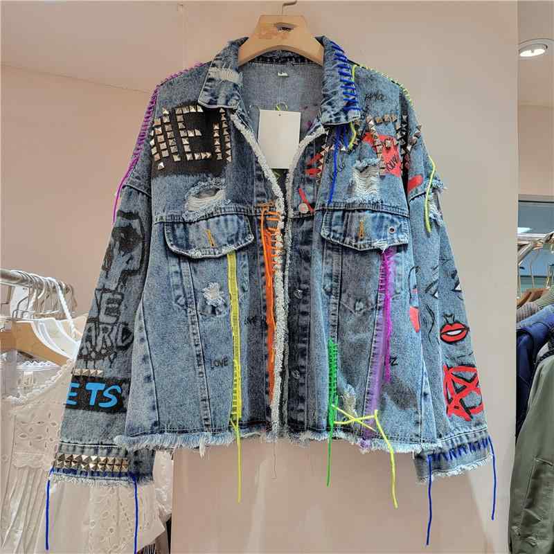 秋冬 ジャケット 女性用 ショート丈 デニム ブルー ロングスリーブ ルーズフィット スリムシルエット プリント スタッズ 破れ加工 コットン混 ストリートスタイル 気質 エレガント 欧米風 通勤 普段使い アウトドア 軽量 伸縮性