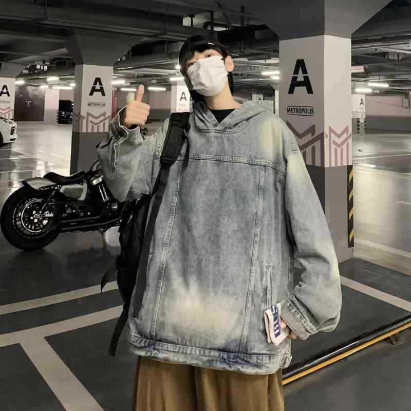 レディース 牛仔 フーディ 長袖 ルーズフィット ジャケット トップス コート デニム 素材 中厚 ラウンドネック ワイドシルエット ヴィンテージ 洗い加工 潮 スタイル ブラック ブルー 春 私服 御姐風 セットインスリーブ イージーケア ポリエステル