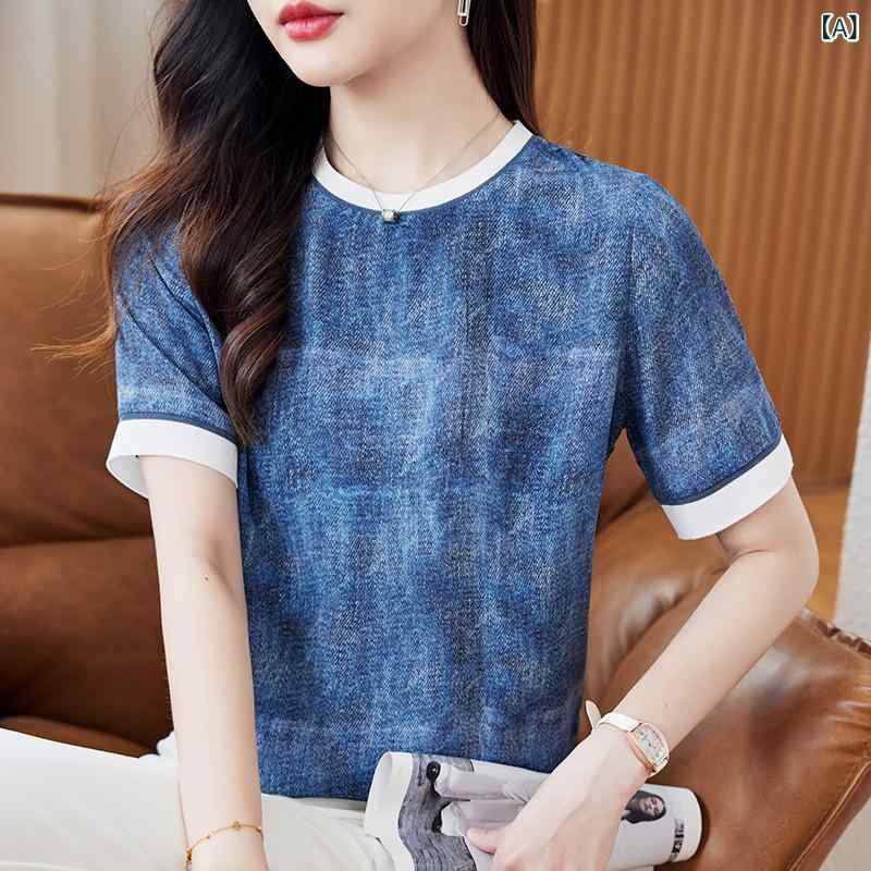 女性用 トップス シャツ 短袖 桑蚕? 真? 接触冷感 吸湿速乾 軽量 伸縮性 丸首 ゆったり 切り替え デザイン プリント デニムカラー ピンク 通勤用 普段使い 春夏 気質 カジュアル