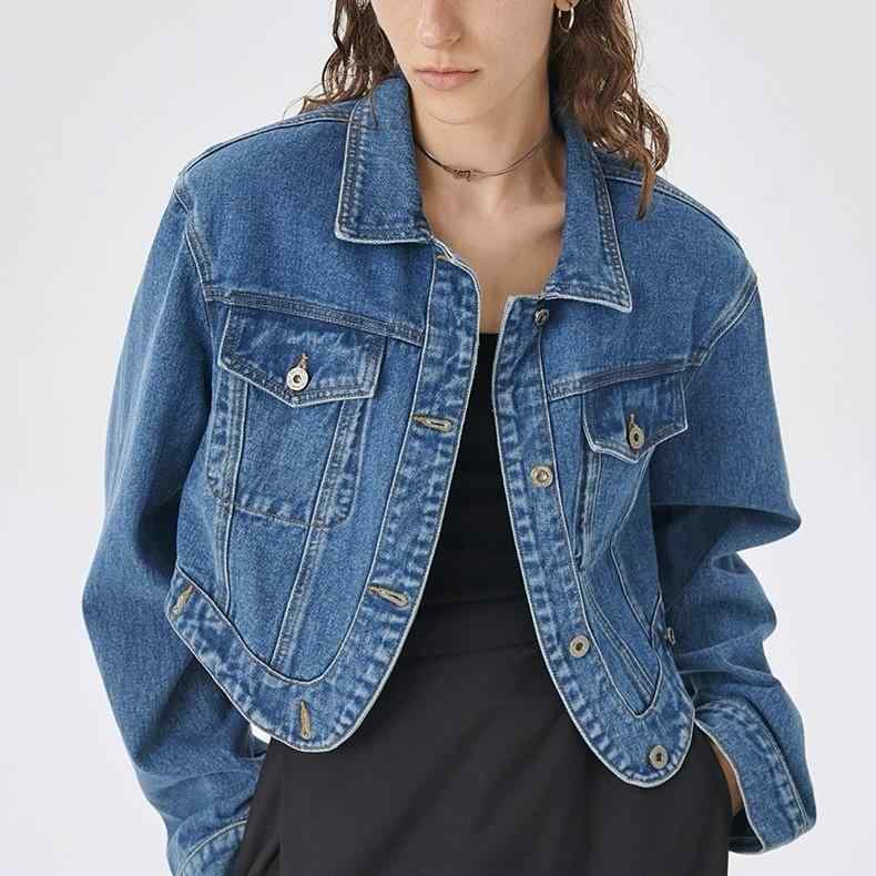 春夏 牛仔 ジャケット 女性用 短丈 コート トップス 収腰 デザイン スタンドカラー 長袖 ブルー 綿素材 95% 以上 デニム 生地 軽量 伸縮性 日常 着用 レディース ファッション カジュアル スタイル ハイウエスト シルエット 日韓 トレンド