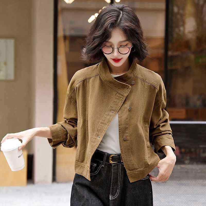 アウター 女性用 茶色 コットン ロングスリーブ ポロカラ シングルブレスト ジャケット 修身シルエット 秋冬 軽量 伸縮性 普段使い 通勤 通年 私服 御姐風 工装風 コート トップス