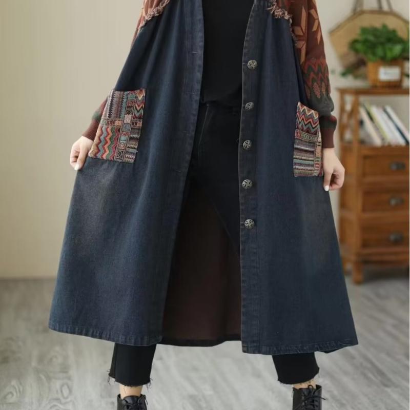 秋冬 コート レディース 復古 ゆったり ルーズ フィット 切り替え デニム ニット 中長丈 ファッション 綿 素材 長袖 ポロ 襟 牛仔 ブルー グレー 芸術的 スタイル カジュアル 日常使い 暖か 中厚 単品
