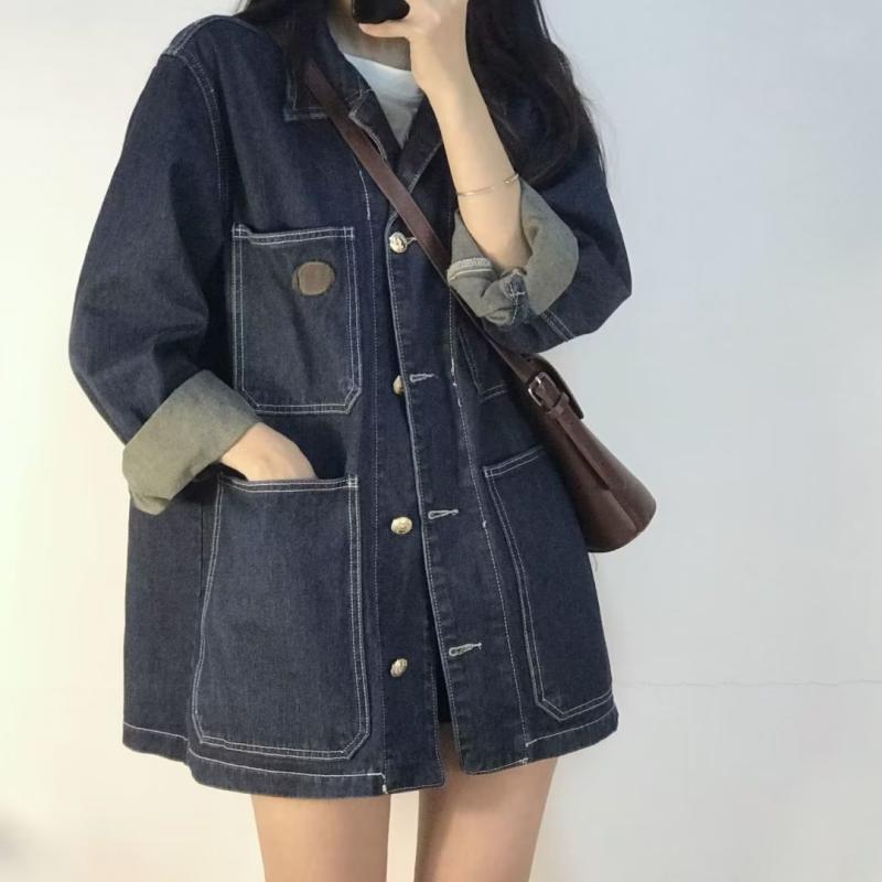 デニムジャケット レディース 秋冬 長袖 綿 デニム生地 ゆったりシルエット ポロカラ シングルブレスト ポケット 3Dプリント ブルー ミッドレングス 韓風 港風 カジュアル デイリー 軽量 通勤 普段使い 吸湿速乾 伸縮性 高級感 切り替えデザイン