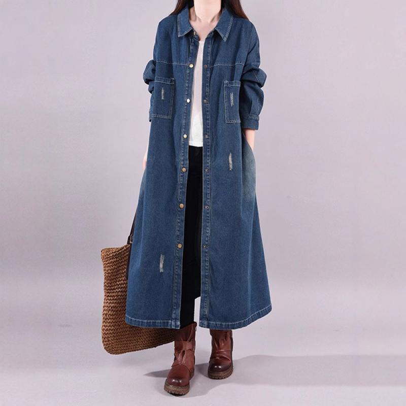 レディース コート ロング ジャケット 女性用 長袖 ワイド ルーズ デニム 風 トレンチコート ビンテージ 洗いざらし 加工 ミドル 丈 オープン カードガン 気質 通勤 スタイル 都市 ファッション ブルー ブラック 春 シーズン コットン 素材 軽