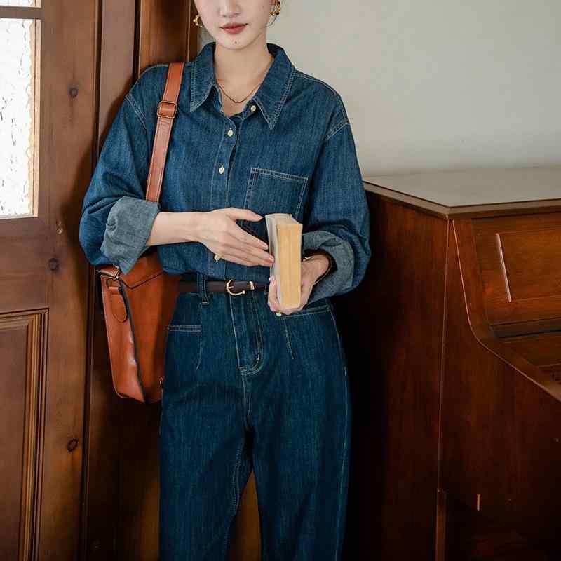 シャツ 女性用 牛仔 麻 長袖 ルーズフィット 深青 早春 レイヤード インナー トップス アウター ポロカラー 街頭 カジュアル 伸縮性 軽量 通勤 普段使い
