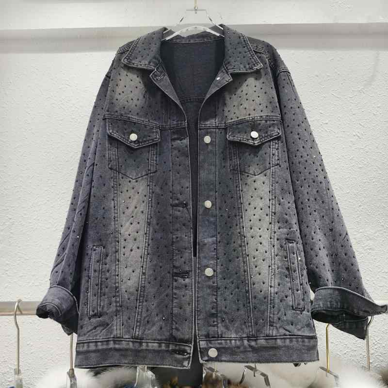 アウター 女性用 デニムジャケット コットン混 ポリエステル ブラック 長袖 フラップカラー シングルブレスト ボタン ルーズフィット ミッドレングス ミディアム厚 3Dパターン ビンテージ加工 ホットフィックス ストリートスタイル セクシー 春夏 秋冬｜LiLishop6