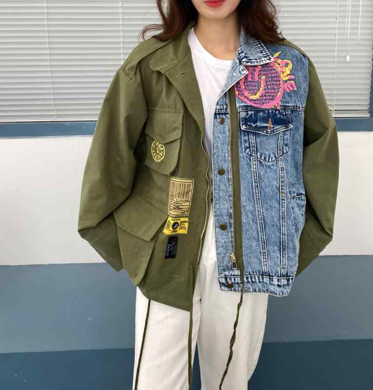デニムジャケット 女性用 春夏 秋冬 印花 切り替え カラーブロック コットン 接触冷感 吸湿速乾 軽量 伸縮性 ビッグシルエット 長袖 POLOカラー 短丈 ポケット 街頭スタイル 普段使い 通勤用 アウトドア カジュアル トップス コート ブルゾン