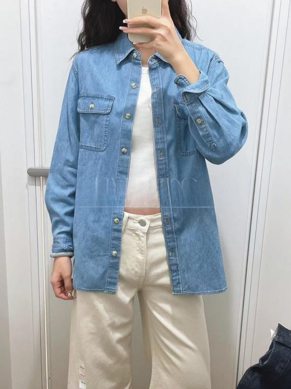 レディース 春夏 デニム シャツ トップス 牛仔布 ゆったり ロングスリーブ 薄手 ジャケット ポロカラー ワイドシルエット 単排ボタン 私服 スカイブルー ネイビー ストレッチ 雪ニール 綿混 接触冷感 吸湿速乾 通勤 普段使い カジュアル 軽量 ゆっ