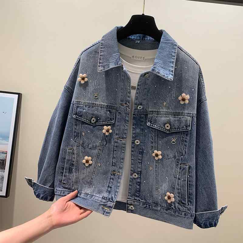 レディース 春季 牛仔ジャケット コットン デニム 長袖 ポロカラー 花柄 復古 短丈 工装 トップス 気質 通勤 都市 スタイル 吸湿速乾 軽量 ブルー